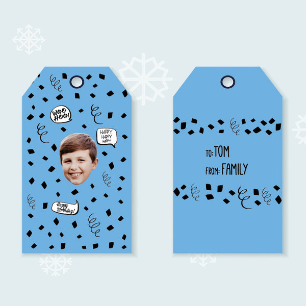 blue birthday confetti gift tags