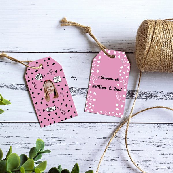 pink birthday confetti gift tags