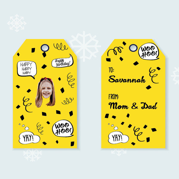 yellow birthday confetti gift tags
