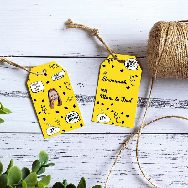 yellow birthday confetti gift tags
